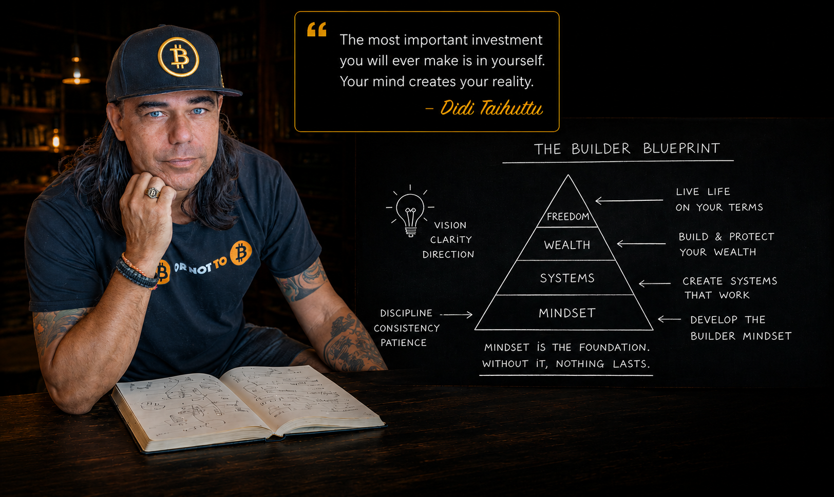 Didi Taihuttu with the Builder Blueprint pyramid: Mindset, Systems, Wealth, Freedom